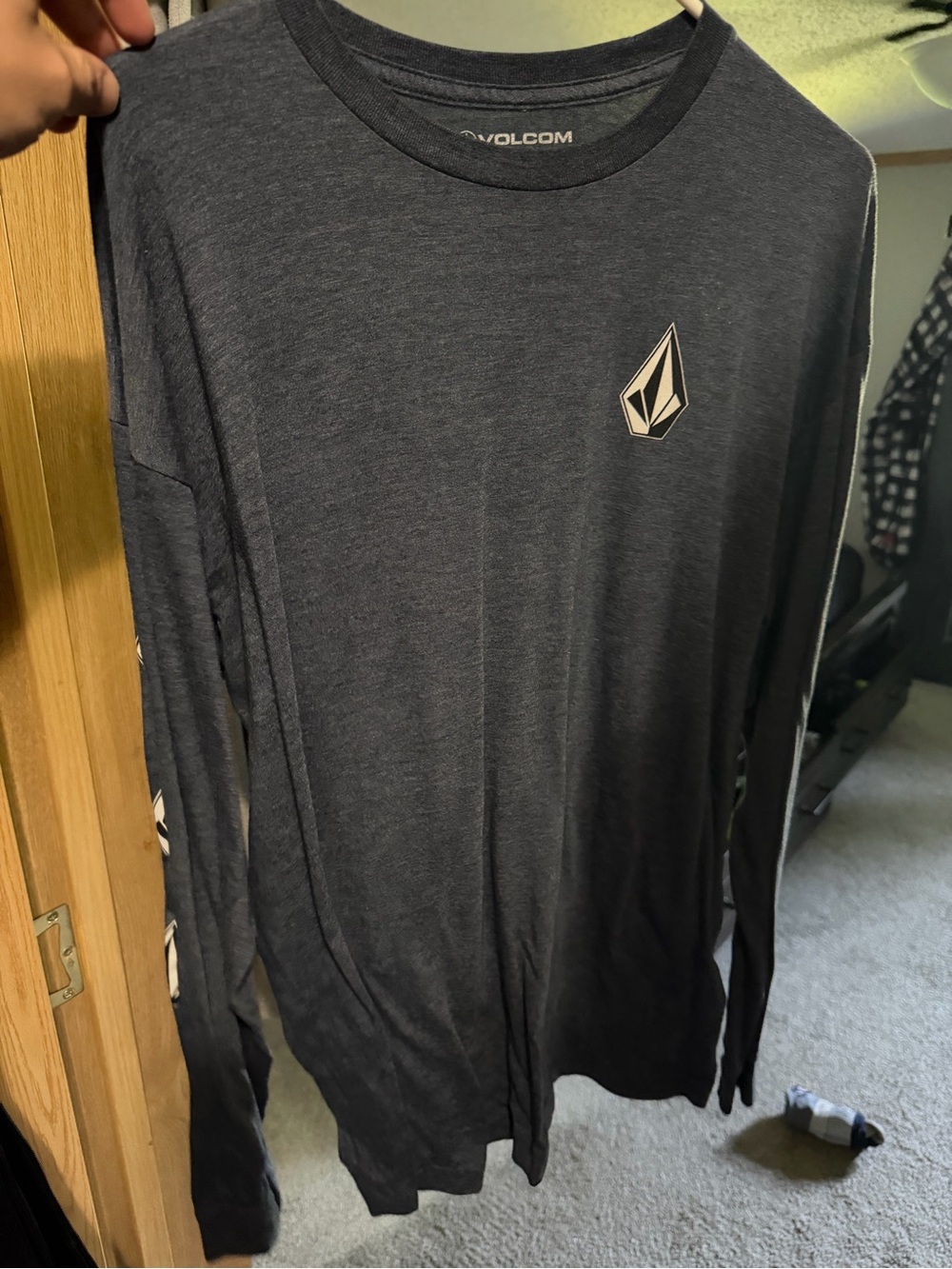 Volcom Men's Long Sleeve Logo Tee - Dark Gray with White Stone